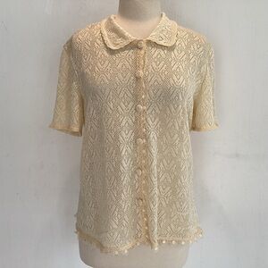 Cottagecore, schoolgirl, coquette, pointelle knit short sleeve ecru cardigan. L?
